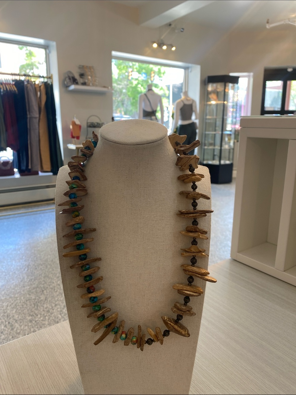 Handcrafted Natural Wood and Turquoise Bead Necklace - Women Jewelry